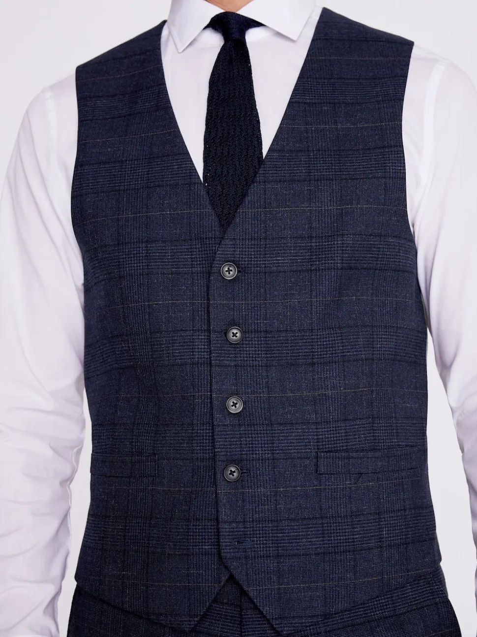 MOSS Navy Black Check Regular Fit Suit Waistcoat