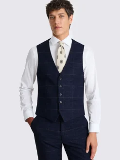 MOSS Navy Black Check Slim Regular Fit Suit Waistcoat