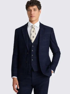 MOSS Navy Black Check Slim Regular Fit Suit Jacket