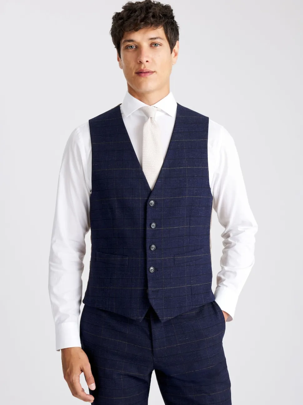 MOSS Navy Black Check Tailored Regular Fit Suit Waistcoat