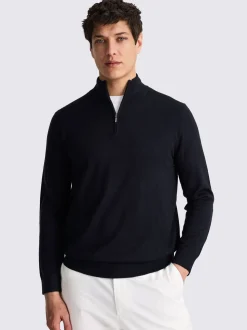MOSS Navy Merino-Blend Zip-Neck Jumper