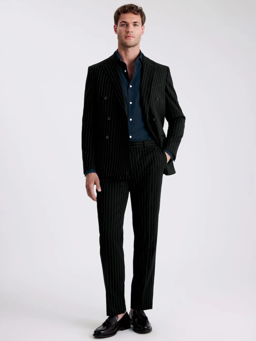 MOSS Navy Stripe Slim Double Breasted Suit Jacket