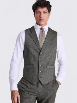 MOSS Olive Tailored Herringbone Suit Waistcoat