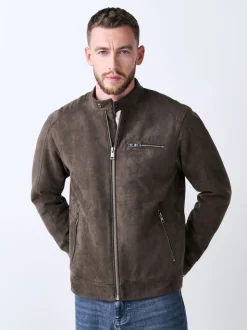 Mushroom Brown Faux Suede Borg Lined Zip Jacket