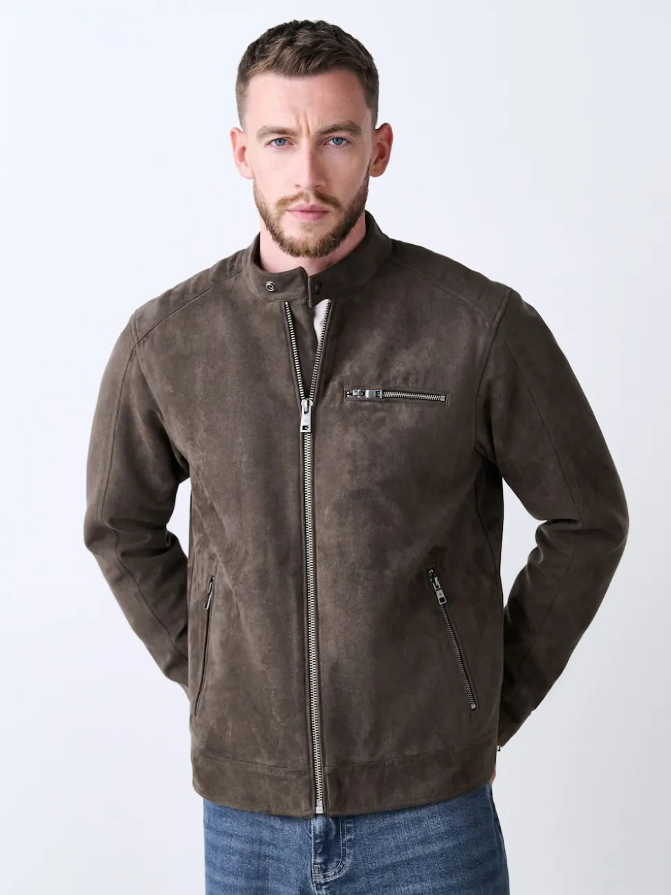 Mushroom Brown Faux Suede Borg Lined Zip Jacket
