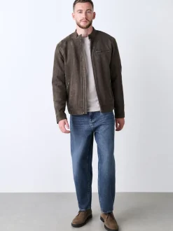Mushroom Brown Faux Suede Borg Lined Zip Jacket