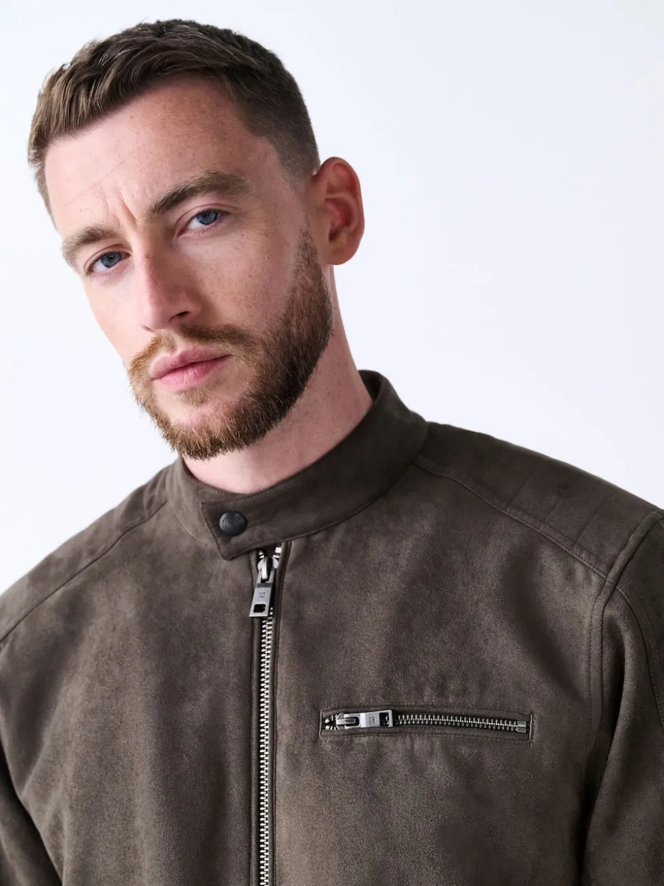 Mushroom Brown Faux Suede Borg Lined Zip Jacket