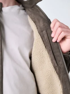 Mushroom Brown Faux Suede Borg Lined Zip Jacket