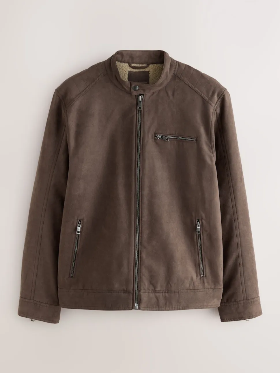 Mushroom Brown Faux Suede Borg Lined Zip Jacket