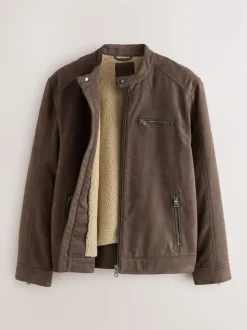 Mushroom Brown Faux Suede Borg Lined Zip Jacket