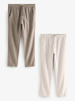 Mushroom Brown/Light Grey Linen Cotton Elasticated Drawstring Trousers 2 Pack