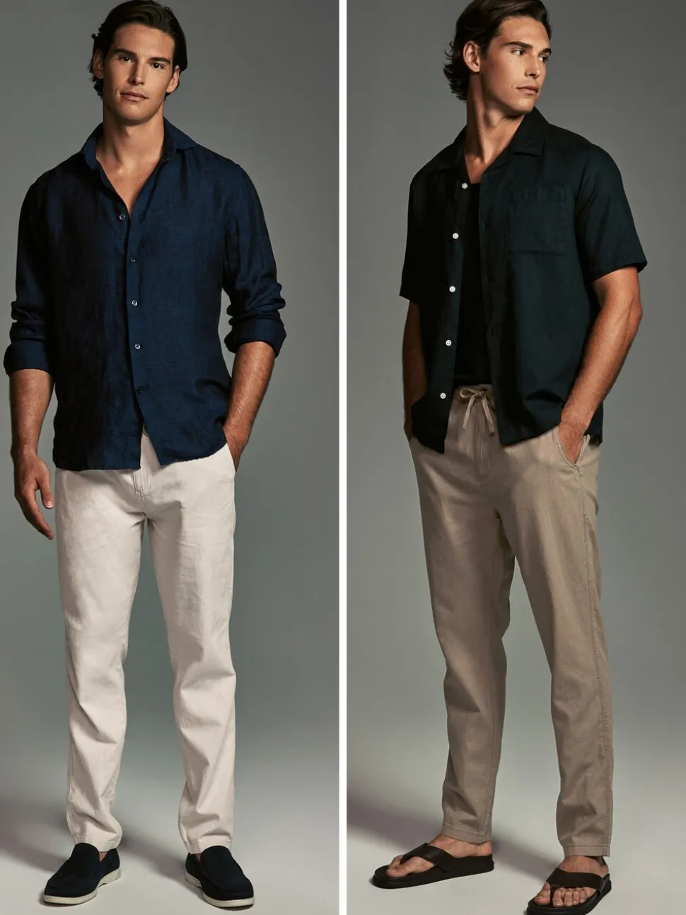 Mushroom Brown/Light Grey Linen Cotton Elasticated Drawstring Trousers 2 Pack