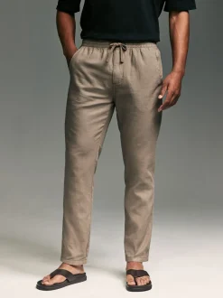 Mushroom Brown/Light Grey Linen Cotton Elasticated Drawstring Trousers 2 Pack