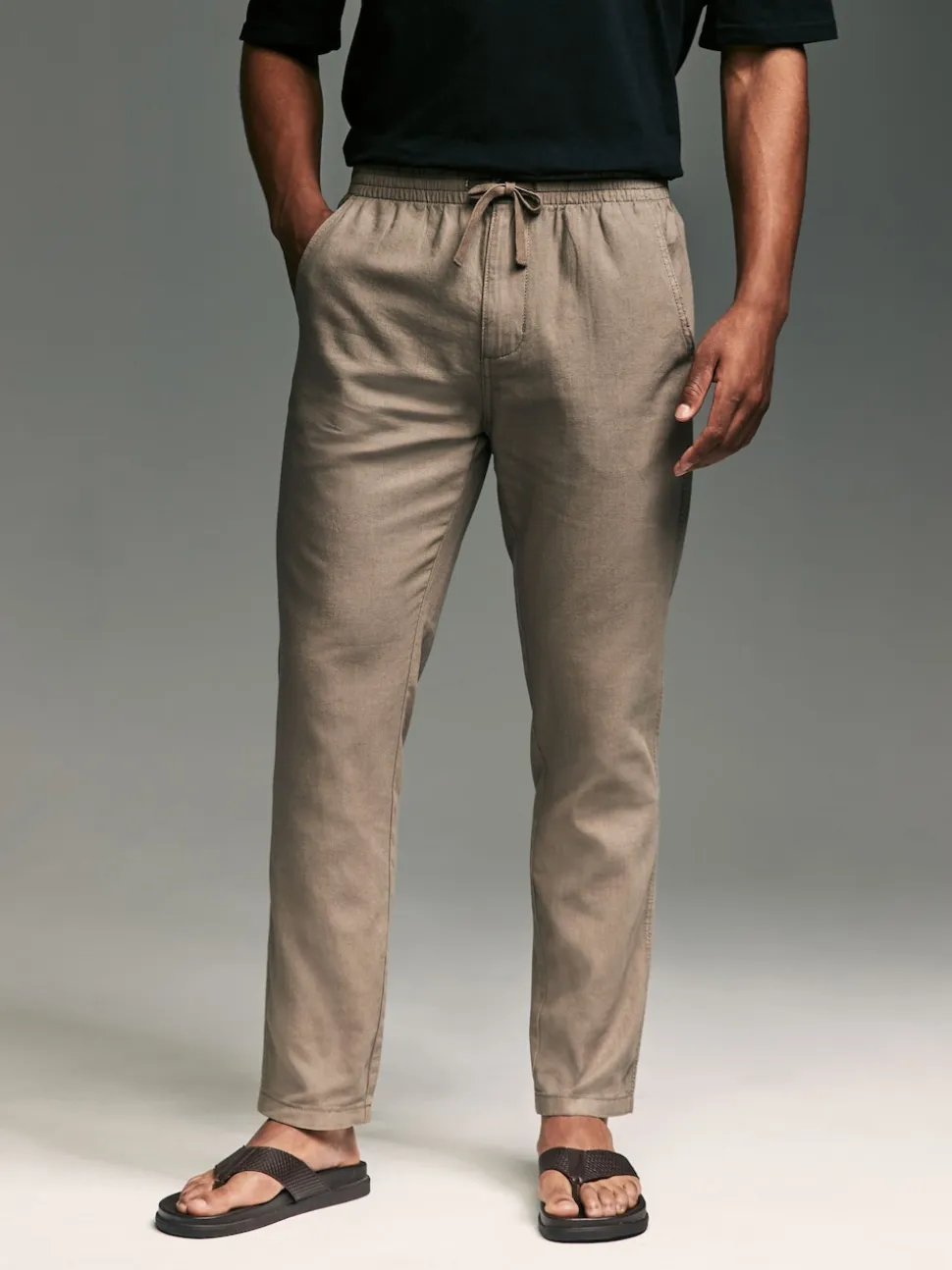 Mushroom Brown/Light Grey Linen Cotton Elasticated Drawstring Trousers 2 Pack