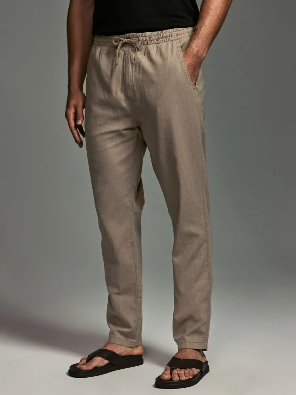 Mushroom Brown/Light Grey Linen Cotton Elasticated Drawstring Trousers 2 Pack