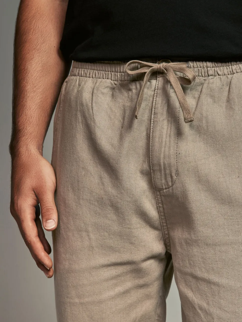 Mushroom Brown/Light Grey Linen Cotton Elasticated Drawstring Trousers 2 Pack