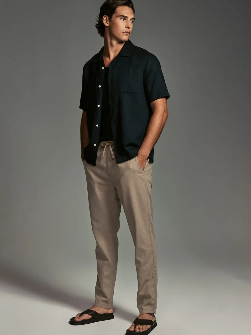 Mushroom Brown/Light Grey Linen Cotton Elasticated Drawstring Trousers 2 Pack
