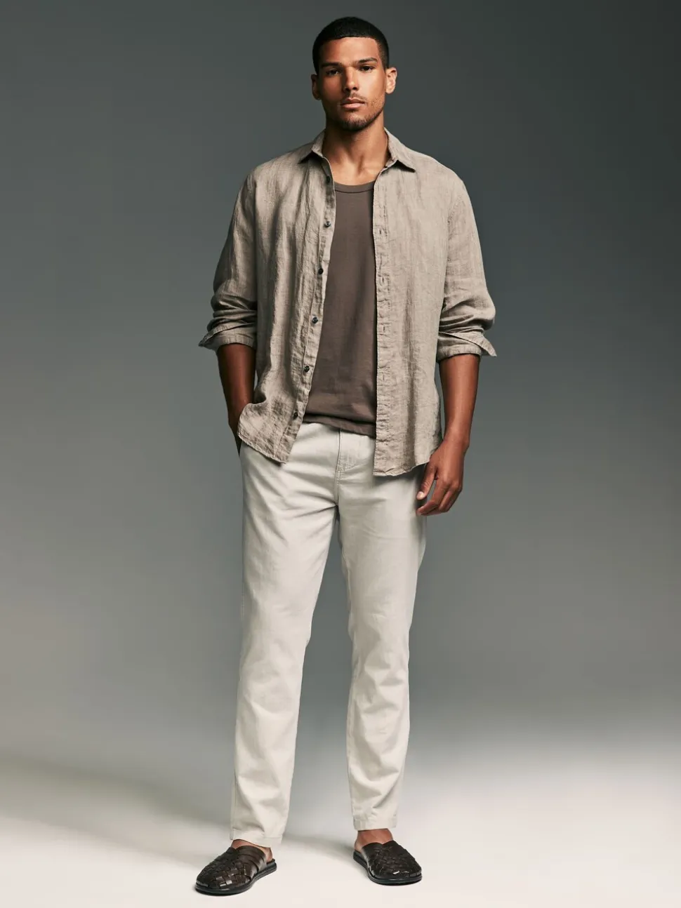 Mushroom Brown/Light Grey Linen Cotton Elasticated Drawstring Trousers 2 Pack