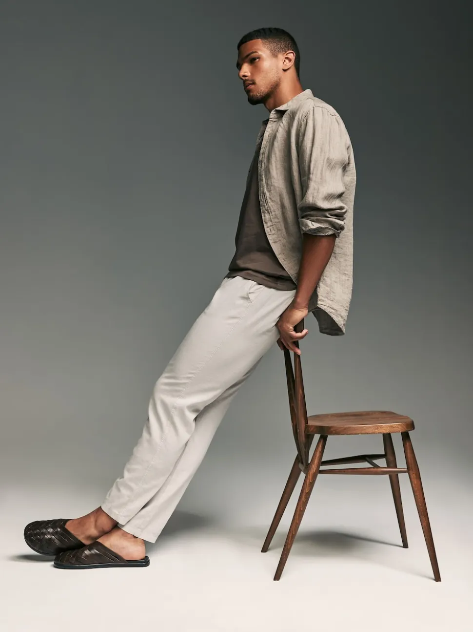 Mushroom Brown/Light Grey Linen Cotton Elasticated Drawstring Trousers 2 Pack