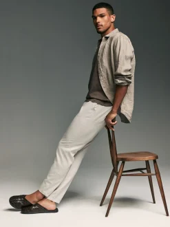 Mushroom Brown/Light Grey Linen Cotton Elasticated Drawstring Trousers 2 Pack