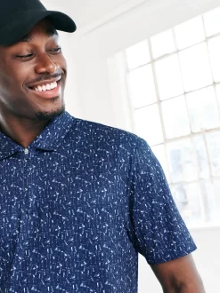 Navy Blue Active Geometric Print Golf Polo Shirt