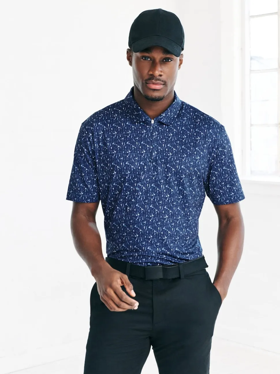 Navy Blue Active Geometric Print Golf Polo Shirt