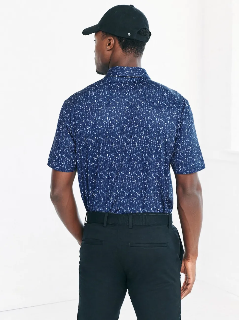 Navy Blue Active Geometric Print Golf Polo Shirt