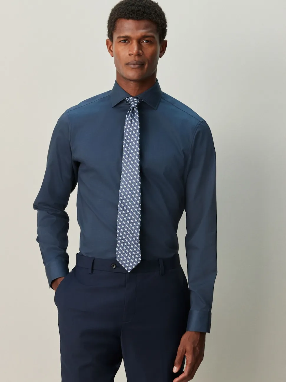Navy Blue/ Blue Geometric Shirt And Tie Set