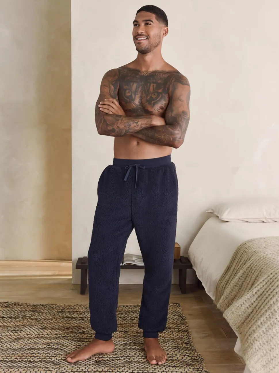 Navy Blue Borg Fleece Cuffed Joggers