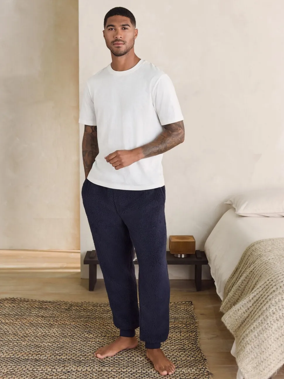 Navy Blue Borg Fleece Cuffed Joggers