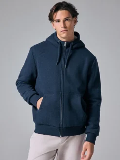 Navy Blue Borg Fleece Lined Full Zip Hoodie