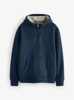 Navy Blue Borg Fleece Lined Full Zip Hoodie