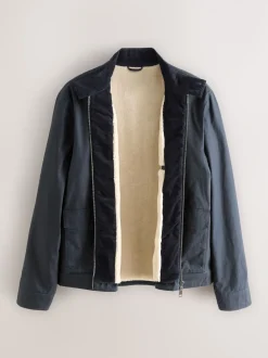 Navy Blue Borg Lined Shower Resistant Harrington Jacket