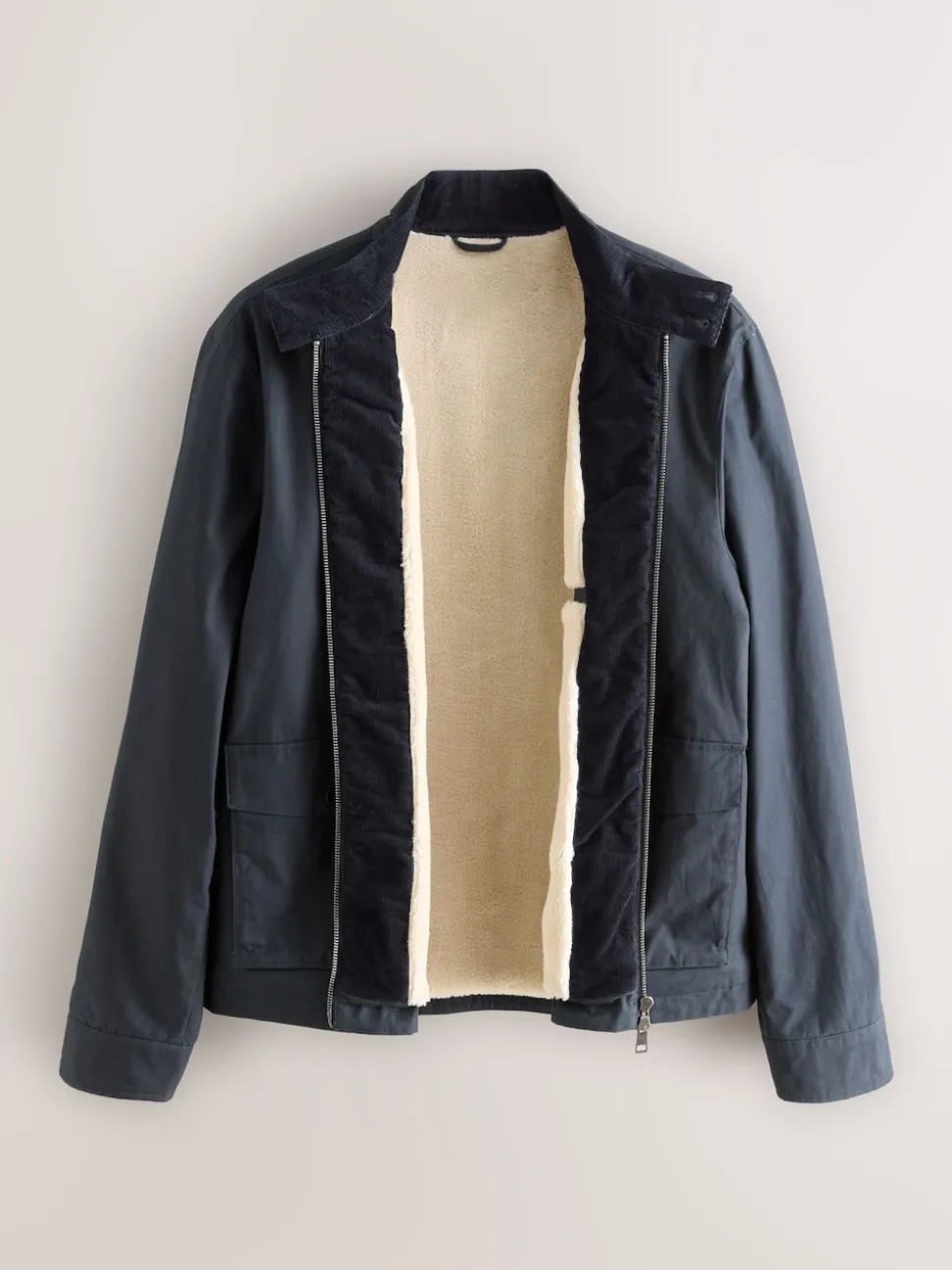 Navy Blue Borg Lined Shower Resistant Harrington Jacket