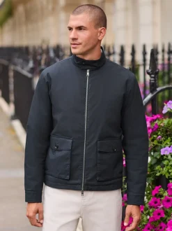 Navy Blue Borg Lined Shower Resistant Harrington Jacket