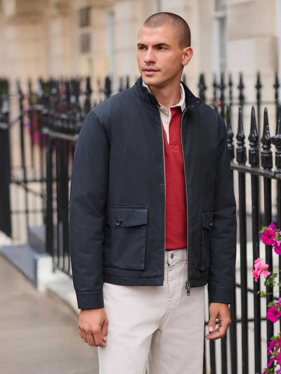 Navy Blue Borg Lined Shower Resistant Harrington Jacket