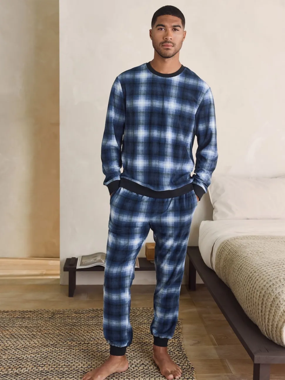 Navy Blue Check Motionflex Cosy Long Sleeve Cuffed Pyjamas Set