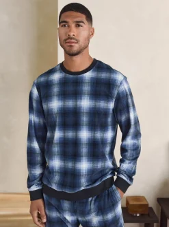 Navy Blue Check Motionflex Cosy Long Sleeve Cuffed Pyjamas Set
