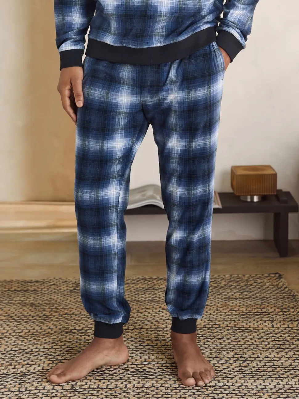 Navy Blue Check Motionflex Cosy Long Sleeve Cuffed Pyjamas Set