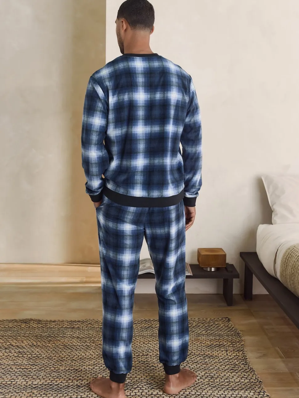 Navy Blue Check Motionflex Cosy Long Sleeve Cuffed Pyjamas Set