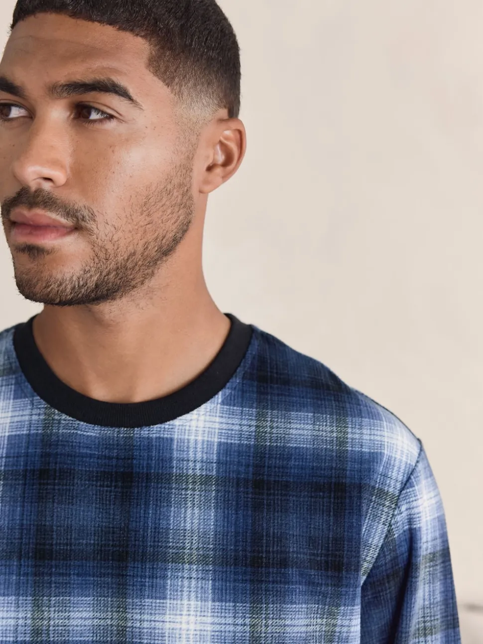 Navy Blue Check Motionflex Cosy Long Sleeve Cuffed Pyjamas Set
