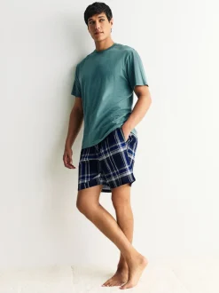 Navy Blue Check Short Sleeve Pyjamas Set