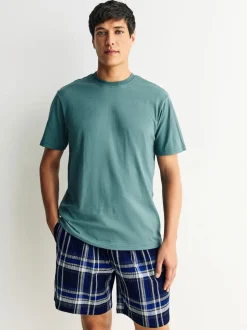 Navy Blue Check Short Sleeve Pyjamas Set