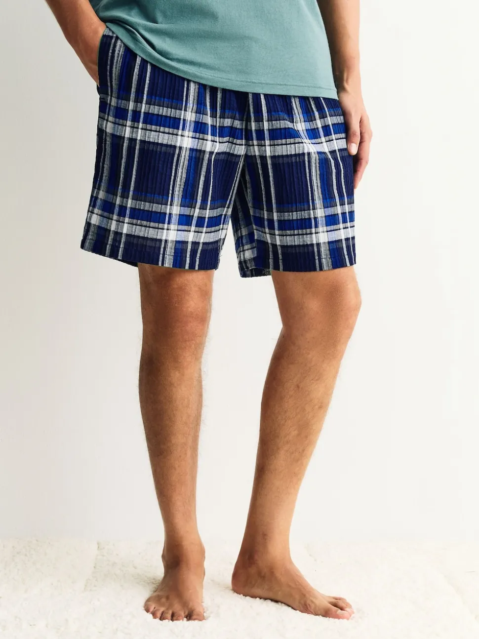 Navy Blue Check Short Sleeve Pyjamas Set