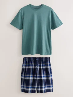 Navy Blue Check Short Sleeve Pyjamas Set