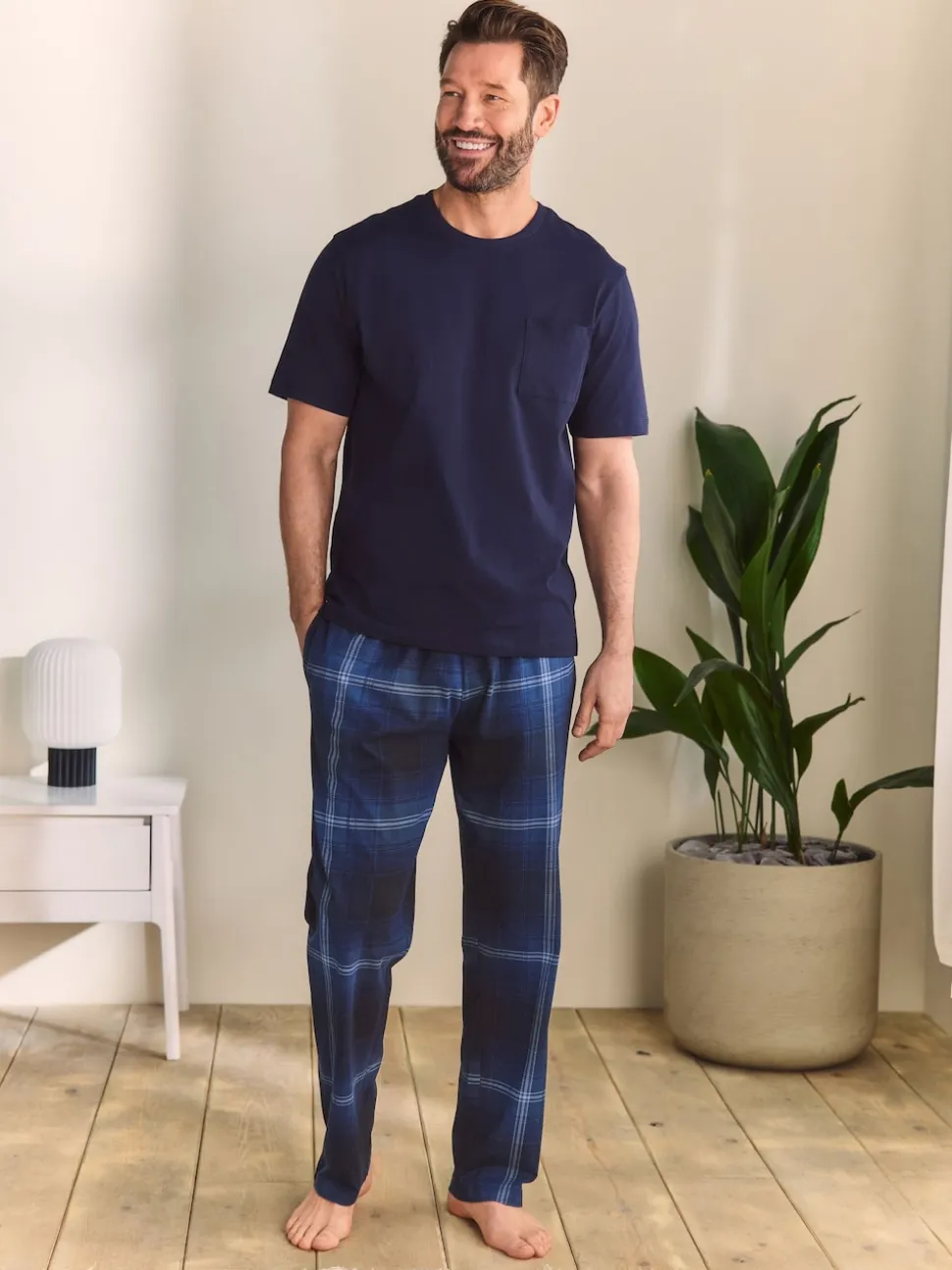 Navy Blue Check Short Sleeve Jersey Pyjamas Set