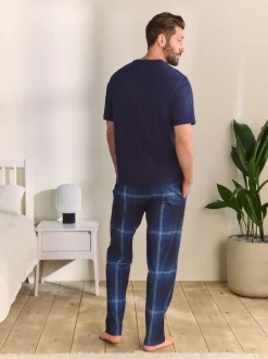 Navy Blue Check Short Sleeve Jersey Pyjamas Set
