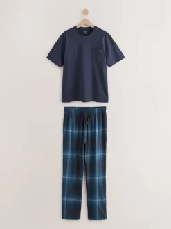 Navy Blue Check Short Sleeve Jersey Pyjamas Set