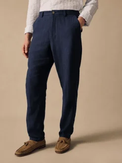Navy Blue Elasticated Waist Textured Linen Blend Trousers