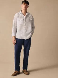 Navy Blue Elasticated Waist Textured Linen Blend Trousers